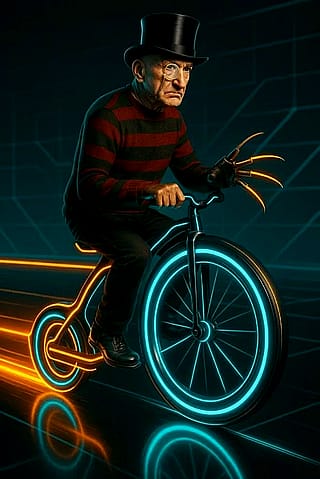 Sir Ben Kingsley as Frederick Krüeger on a Tron Lightcycle: Penny Farthing Edition™'