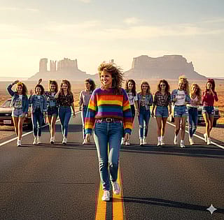 Girls in 1985 walking in the middle of Highway 163, Monument Valley'