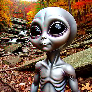 A little alien enjoying Autumn in the Finger Lakes region of New York State (SDXL)'