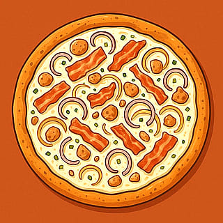 Flammkuchen Fusion: A German-Style Pizza with Creamy White Sauce, Crispy Bacon, Savory Sausage, Red Onions, and Fresh Chives'