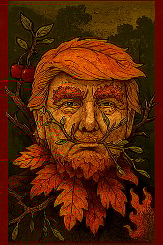Depiction as the Green Man in the Fall season of his Life Cherry Tree Lore -Chatgpt'