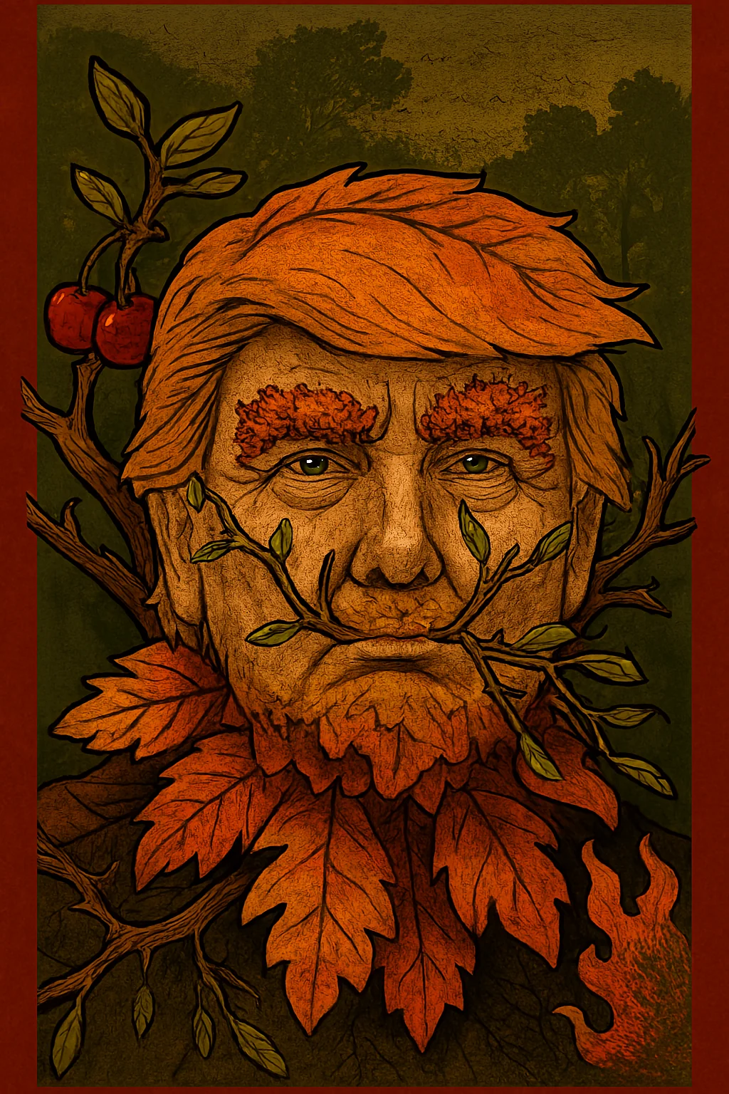 Depiction as the Green Man in the Fall season of his Life Cherry Tree Lore -Chatgpt picture 1 of 1