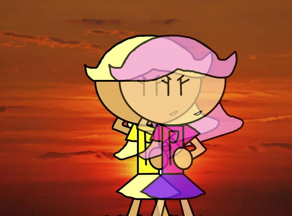 Prompt: Draw this anime style and make the 2 duplicates of the same girl do the exact same pose as each other in anime style. The left girl is blonde and tanned and the right girl is pink haired picture 1 of 2