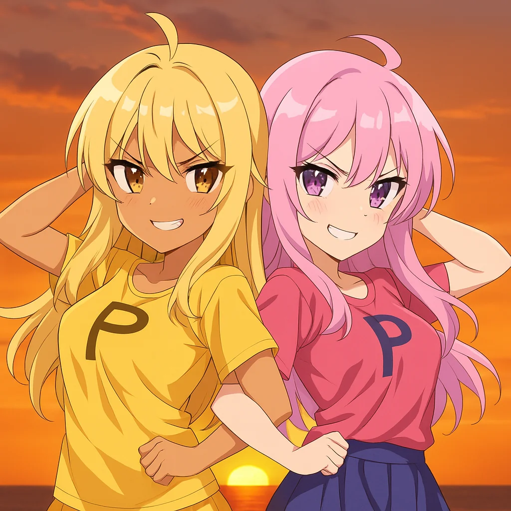 Prompt: Draw this anime style and make the 2 duplicates of the same girl do the exact same pose as each other in anime style. The left girl is blonde and tanned and the right girl is pink haired picture 2 of 2