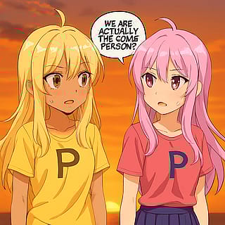 Make the girls look at each other confused with their arms down and make them both say "we are actually the same person?"'