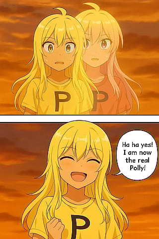 2 clones of the girl merge to become one as a 3 panel comic strip sequence with them having their own afterimages and the second panel is the blonde tanned clone of the girl in ghost effect layering in front of the pink haired clone of the girl in ghost effect in the same position as her and it's no'