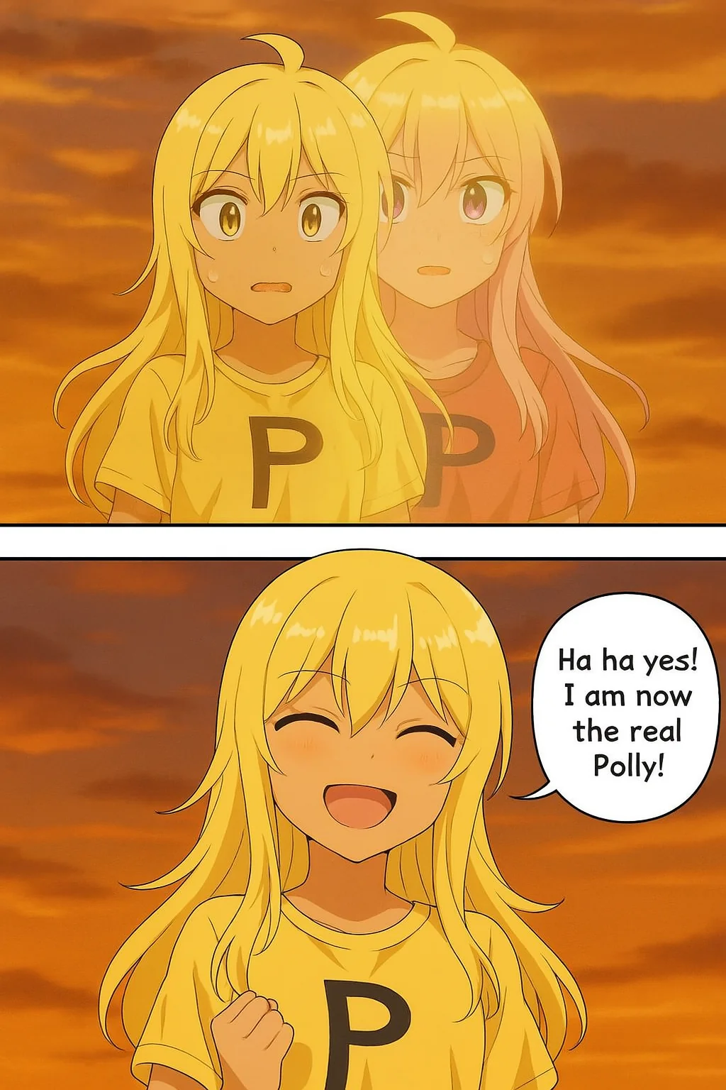2 clones of the girl merge to become one as a 3 panel comic strip sequence with them having their own afterimages and the second panel is the blonde tanned clone of the girl in ghost effect layering in front of the pink haired clone of the girl in ghost effect in the same position as her and it's no picture 1 of 2