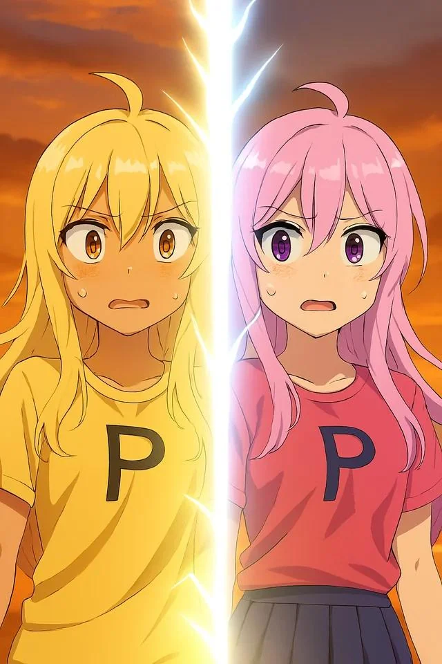 2 clones of the girl merge to become one as a 3 panel comic strip sequence with them having their own afterimages and the second panel is the blonde tanned clone of the girl in ghost effect layering in front of the pink haired clone of the girl in ghost effect in the same position as her and it's no picture 2 of 2