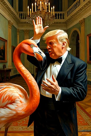 Donald J Trump Dancing the Flamenco with a Flamingo in the shiny new Ballroom'