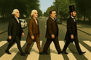 The four Mt Rushmore presidents on the Abbey Road cover in place of the Beatles'