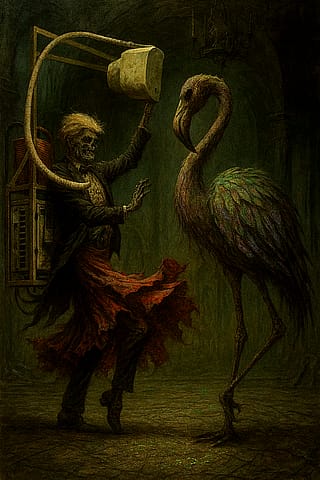 Zdislaw Beksinski style Donald Trump Dance The Flamenco With a Flamingo wearing a Mini Split Air Conditioner Back Pack'