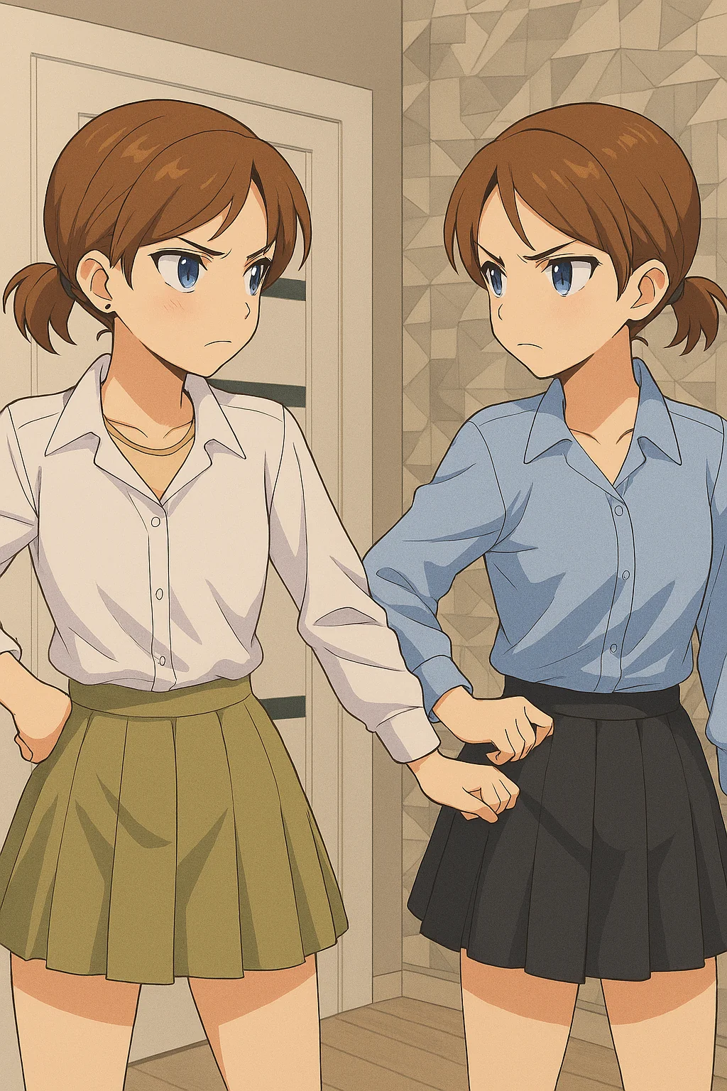 Draw this in anime style and make the girls the same person picture 1 of 2