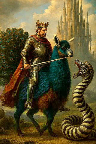 Austrian king on Peacock llama fighting a Zebra Python'