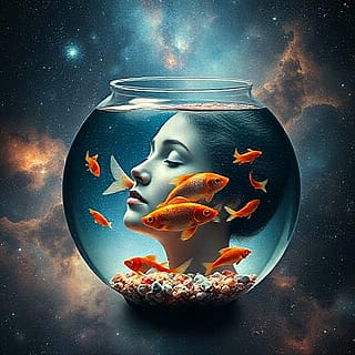 A Fishbowl Around Her Head, Inside Fish Swim Against A Nebula Background Cosmos'