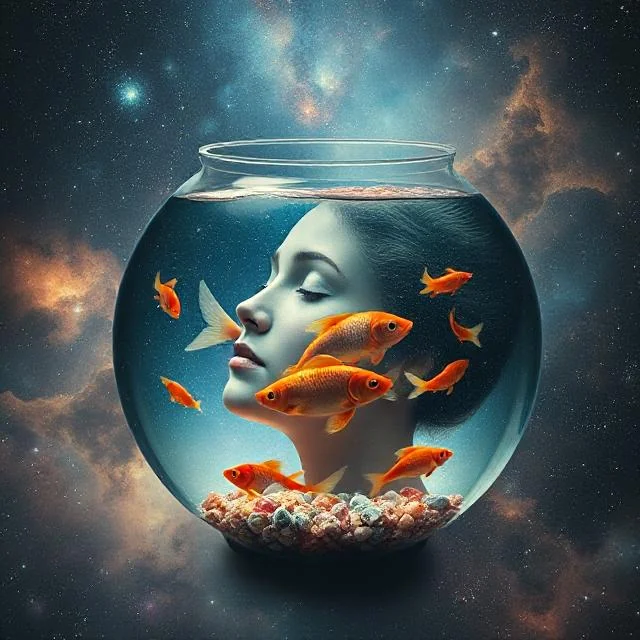 A Fishbowl Around Her Head, Inside Fish Swim Against A Nebula Background Cosmos picture 1 of 1