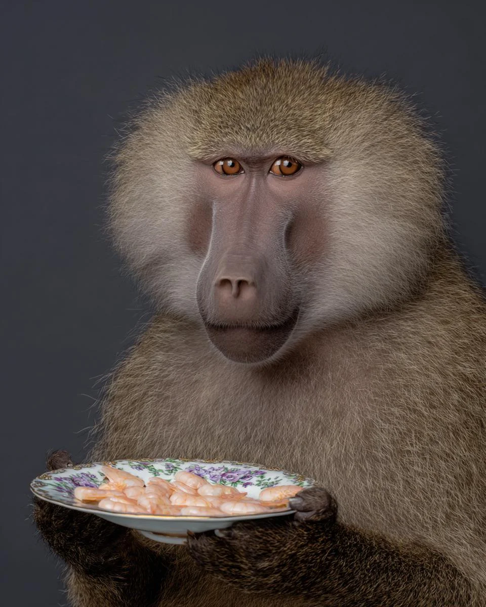 a baboon holding a plate of shrimp picture 1 of 1
