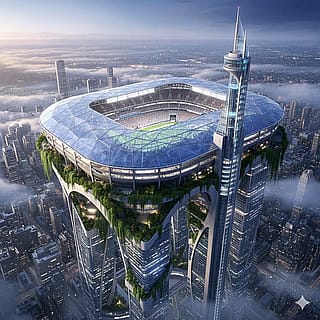 Football stadium on top of a city.'