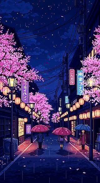 Pixelated cherry blossoms street'