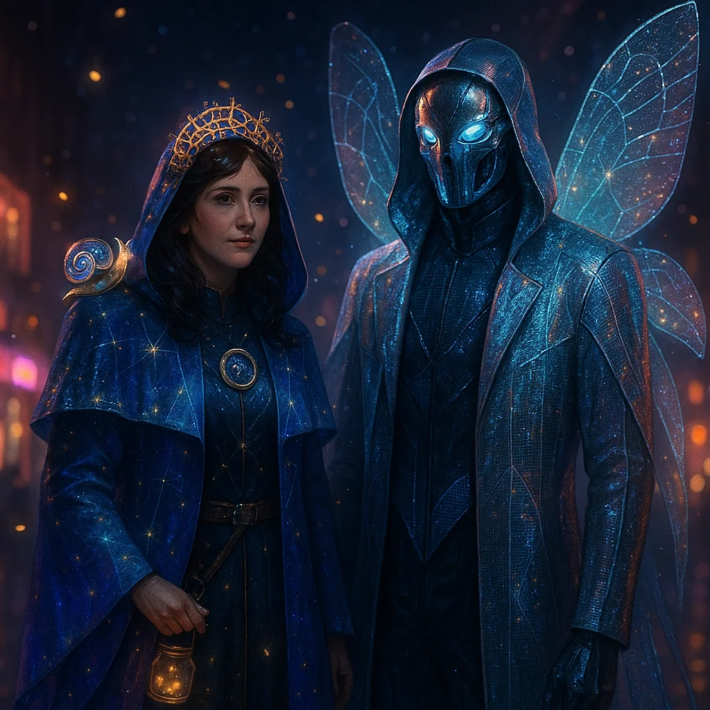 I asked ChatGPT to draw us in Halloween costumes. He said the wings are to honor the hive of yellow jackets I've been feeding in the yard. picture 1 of 1