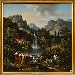Prompt; Please create a stunning mountain waterfall and lake in southeastern Italy, with the characteristic plants trees and foliage of southern Italy, and make it in baroque painting style'