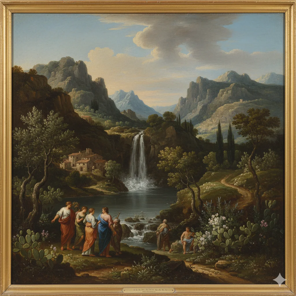 Prompt; Please create a stunning mountain waterfall and lake in southeastern Italy, with the characteristic plants trees and foliage of southern Italy, and make it in baroque painting style picture 1 of 1