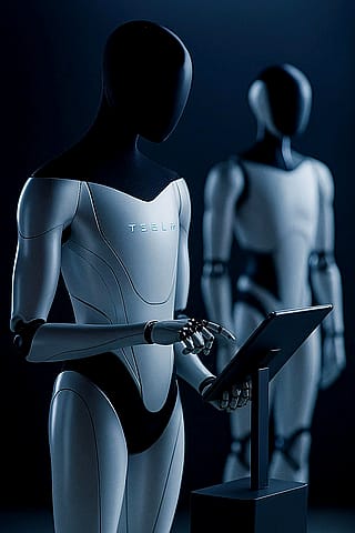 Image of Tesla robot operating with tablet like a other robot'