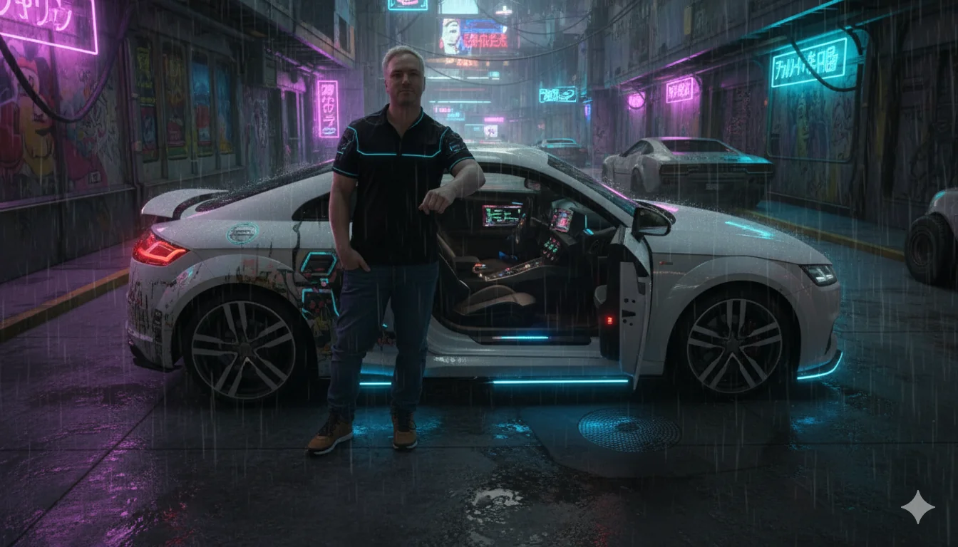 Used AI Gemini to alter myself and my car with Cyberpunk 2077 vibe and I'm not disappointed. 🔥 picture 1 of 1