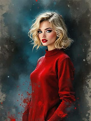 Red wool turns to mist / blue eyes pierce through smoky air / blonde waves frame her gaze'