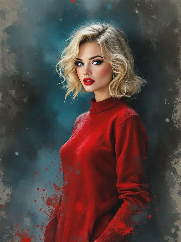 Red wool turns to mist / blue eyes pierce through smoky air / blonde waves frame her gaze picture 1 of 1