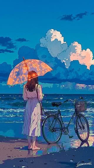Twilight Beach and a Bicycle / Phone Wallpaper Archives'