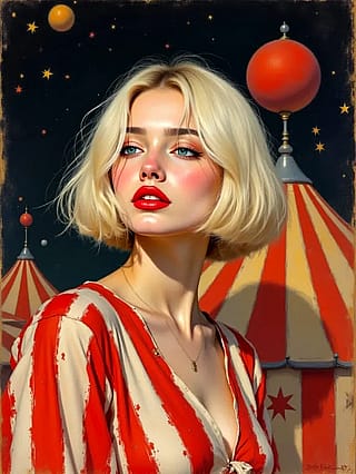 Under circus stars / she waits in red and silence / moonlight on her lips'