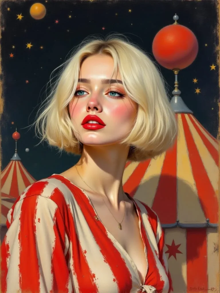 Under circus stars / she waits in red and silence / moonlight on her lips picture 1 of 1