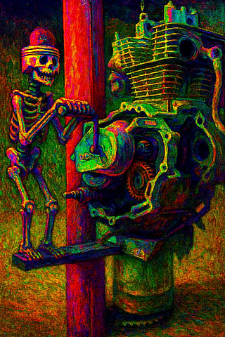 Piston Skeleton Slave Turning the Crank of a Honda Single Cylinder Motorcycle engine Whirly Gig -Folk Art'
