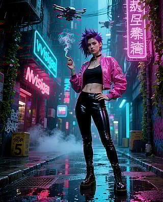 Cyberpunk femme walks through neon rain'