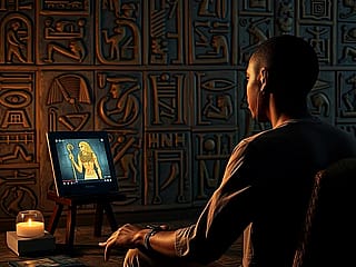 Scarabeo watching YouTube as hieroglyphs'