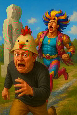 Two characters from my stories. (My Outfit Is Justice!) And (The Chicken Hat Society) cross paths.'