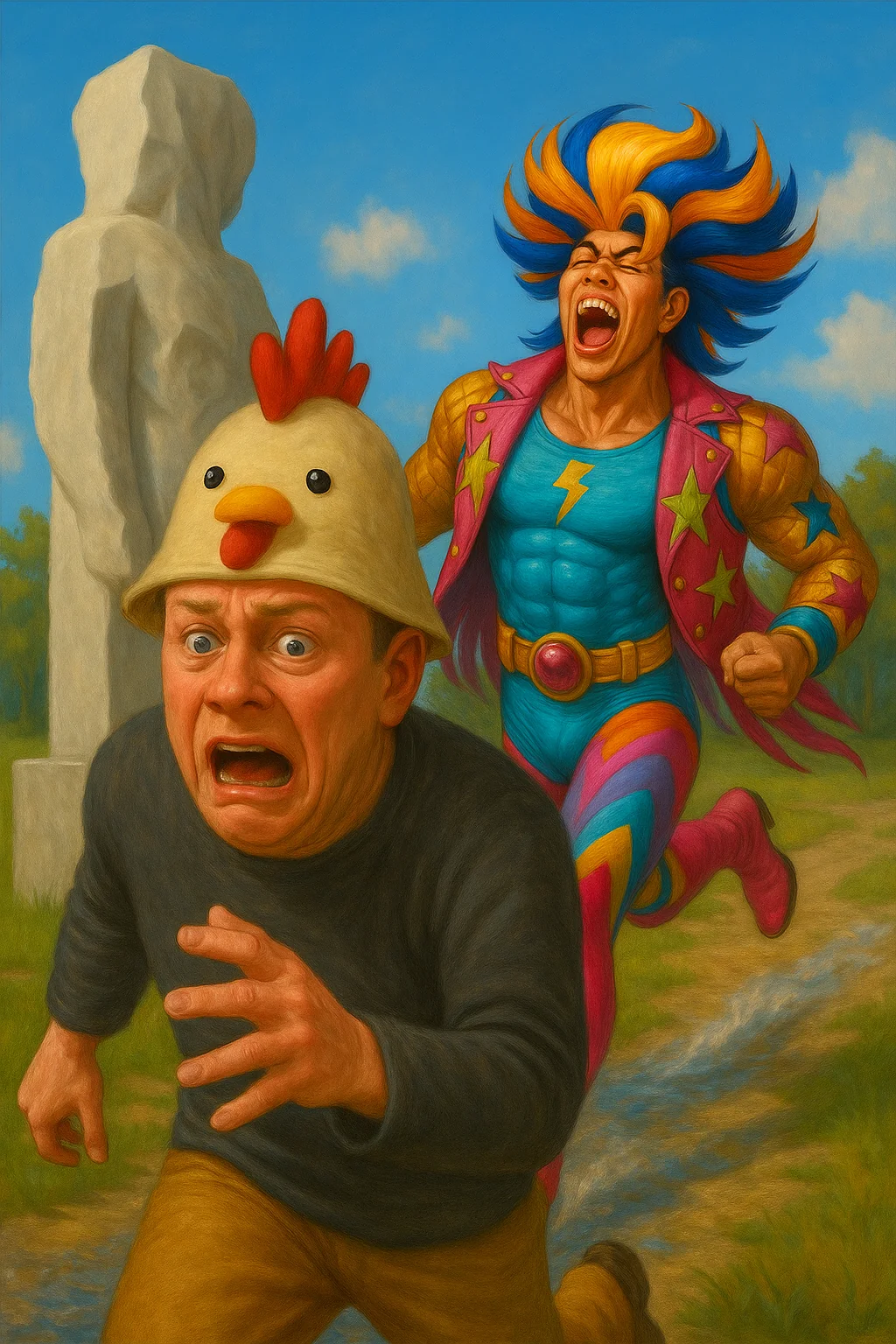 Two characters from my stories. (My Outfit Is Justice!) And (The Chicken Hat Society) cross paths. picture 1 of 1