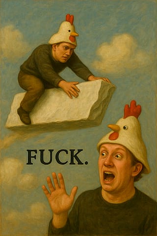 Members of the Chicken Hat Society goofing around.'