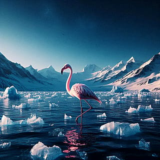 Flamingo standing in the Arctic ocean'