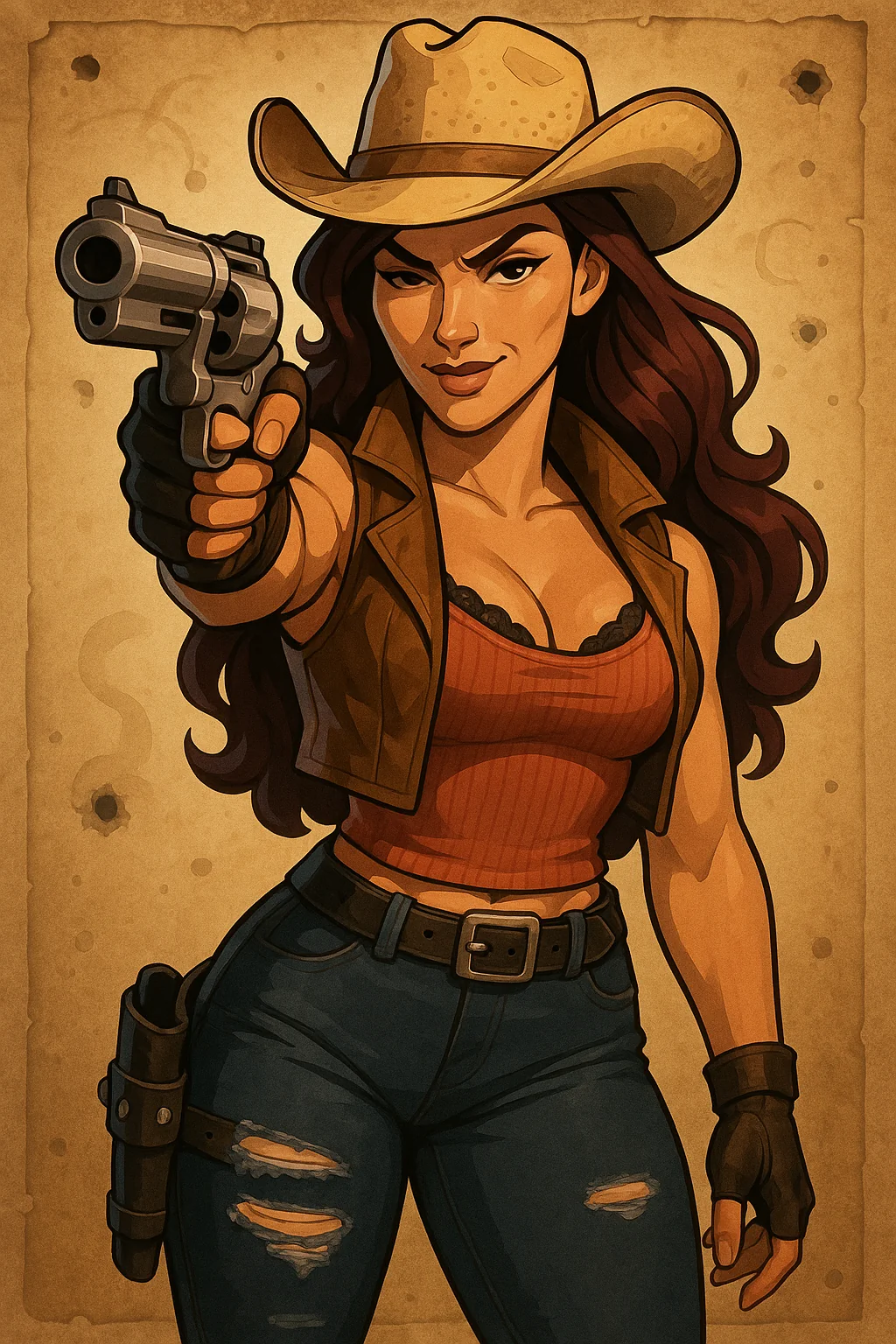 How do I get her eyes looking in the direction of the pistol? No matter what I do, she's always looking at the camera. Also, how do I fix the holster strap clipping into her jeans? picture 1 of 1