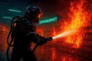 Cyberpunk firefighter in action'