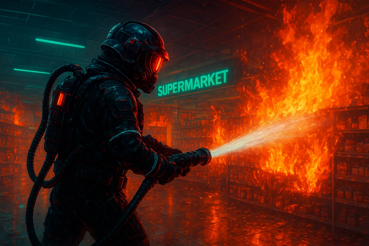 Cyberpunk firefighter in action picture 1 of 1