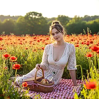 Pretty woman in white lace dress on a picnic blanket in a field of red flowers. (Whisk AI)'