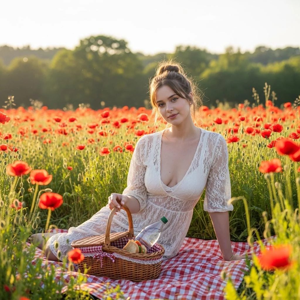 Pretty woman in white lace dress on a picnic blanket in a field of red flowers. (Whisk AI) picture 1 of 1