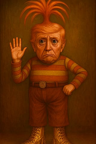 Donald Trump painted in margaret Keane big eyes style dressed as Anxiety from the anime film'