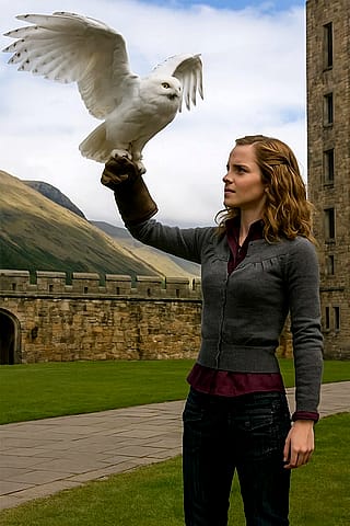 Hermione spending time with Hedwig.'
