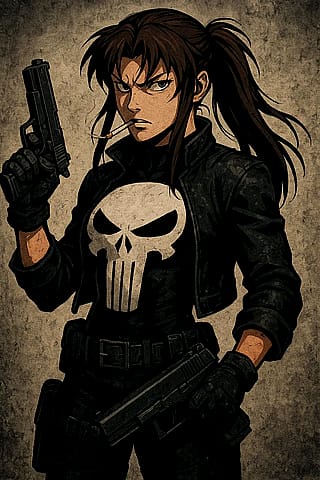 Revy (Black Lagoon) as The Punisher. “This is not vengeance. Revenge is not a valid motive, it's an emotional response. No, not vengeance. Punishment”.'