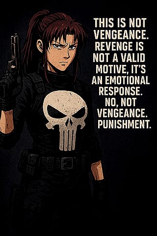 This is an updated version of Revy (Black Lagoon) as The Punisher, complete with a quote from the 2004 Marvel Film The Punisher by Jonathan Hensleigh and Thomas Jane.'