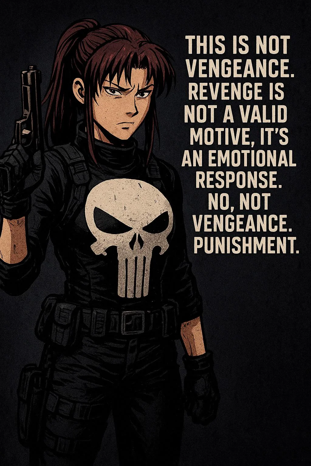 This is an updated version of Revy (Black Lagoon) as The Punisher, complete with a quote from the 2004 Marvel Film The Punisher by Jonathan Hensleigh and Thomas Jane. picture 1 of 1