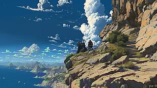 Adventurers resting in sight of the sea'